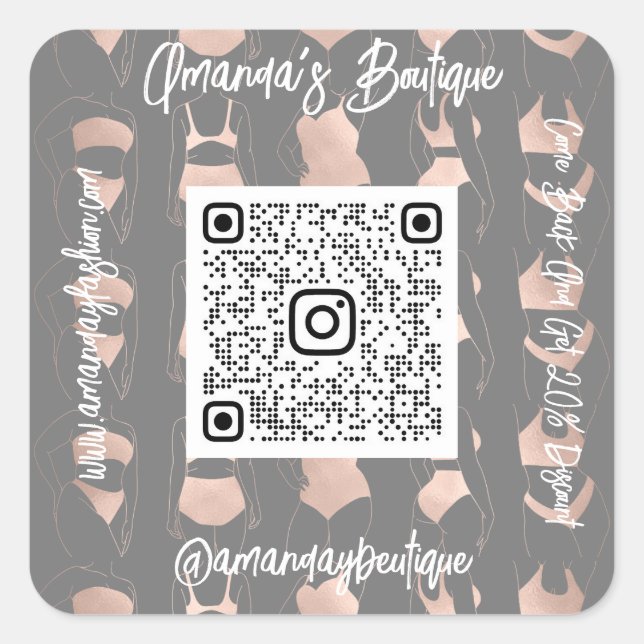 Boutique Shop Lingeire QrCode Logo Body Gray Rose Square Sticker (Front)