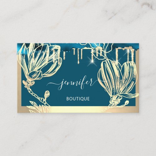 Boutique Shop QR Code Drips Teal Golden Floral Business Card