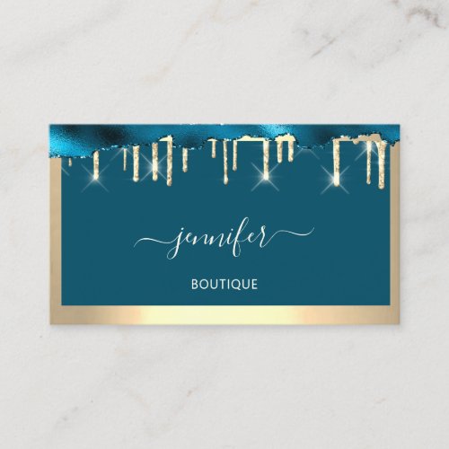 Boutique Shop QR Code Drips Teal Golden Frame Business Card