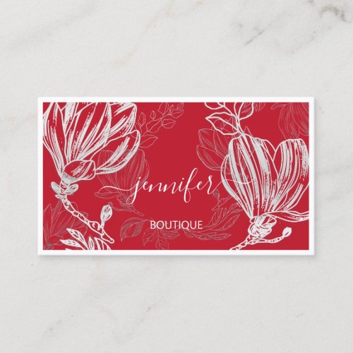 Boutique Shop Red Silver Flower Framed QR Logo  Business Card