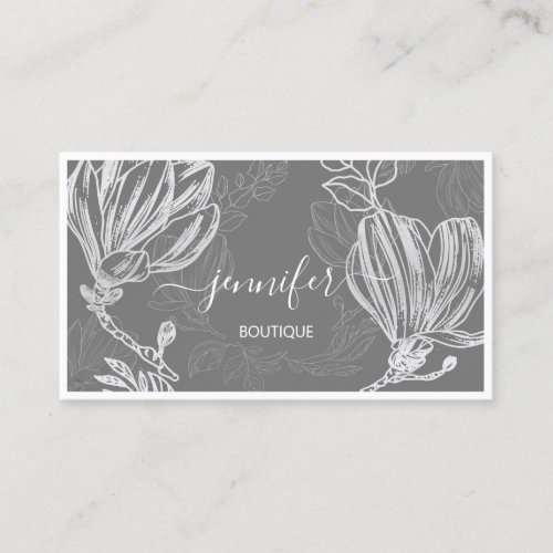 Boutique Shop Silver Gray Flower Framed QR Logo   Business Card