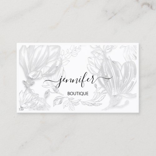 Boutique Shop White Gray Flower Framed QR Logo  Business Card