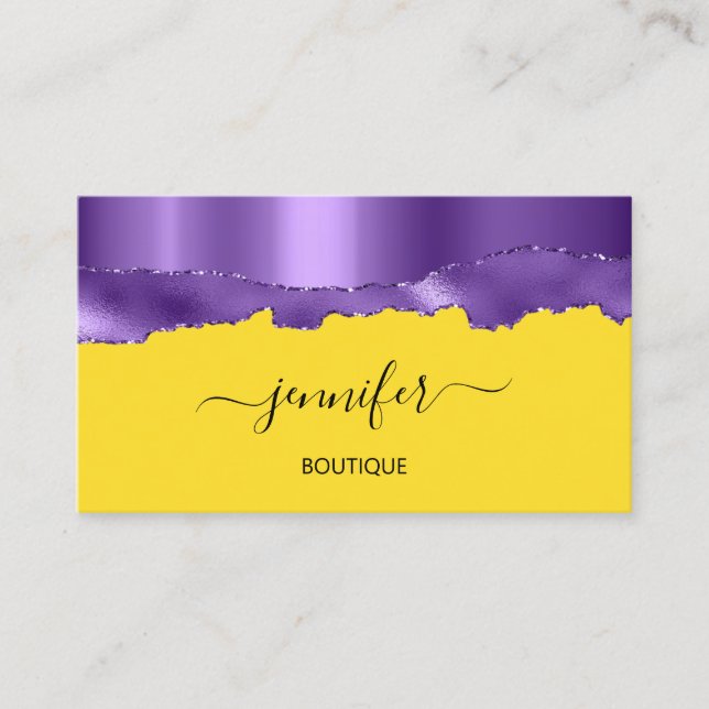 Boutique Shop Yellow Purple Wave QR Code Business Card (Front)