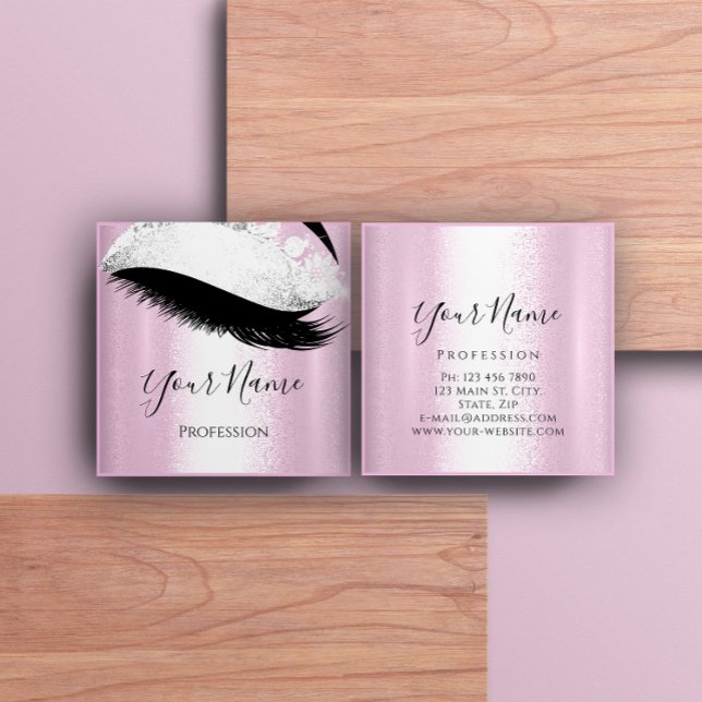 Boutique  Silver. Gray Lashes Extension Pink Girly Square Business Card (Creator Uploaded)