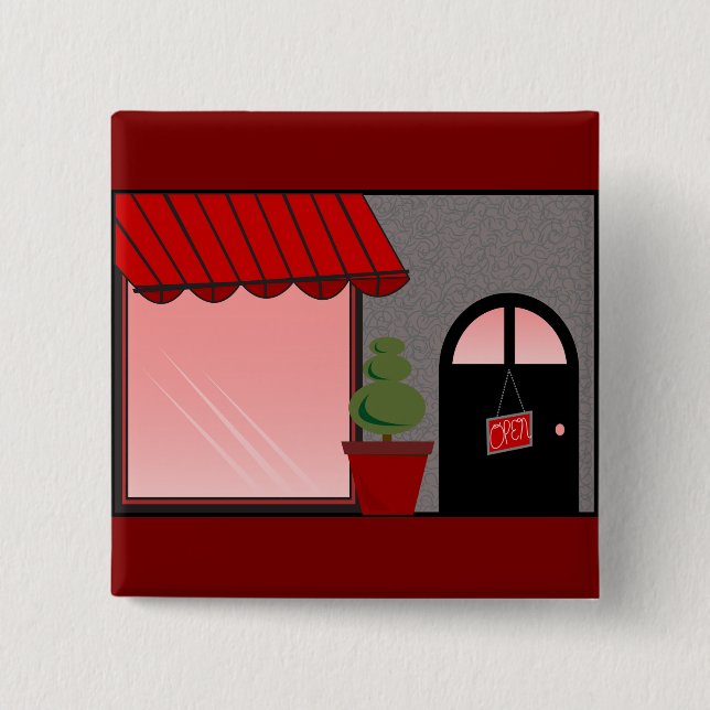 Boutique Storefront Red Black Topiary Open Button (Front)