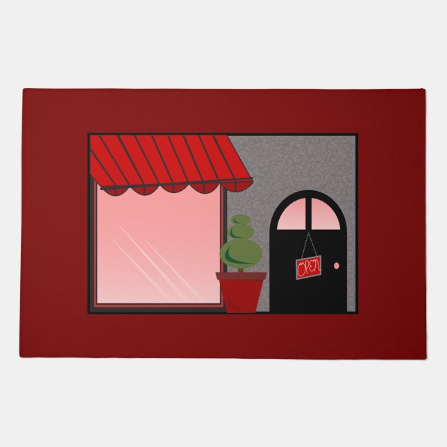 Boutique Storefront Red Black Topiary Open Doormat (Front)