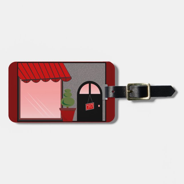 Boutique Storefront Red Black Topiary Open Luggage Tag (Front Horizontal)