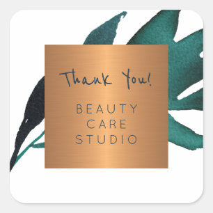 Boutique studio copper metallic leaves thank you square sticker