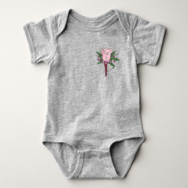 Boutonniere Pink Rose Flower Wedding Ring Bearer Baby Bodysuit (Front)