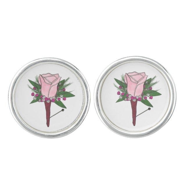 Boutonniere Rose Wedding Prom Flower Groom Gift Cufflinks (Front)