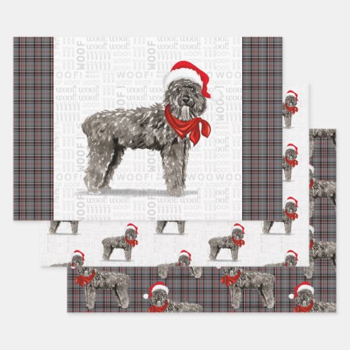 Bouvier Christmas Dog and Red and Gray Plaid Wrapping Paper Sheets