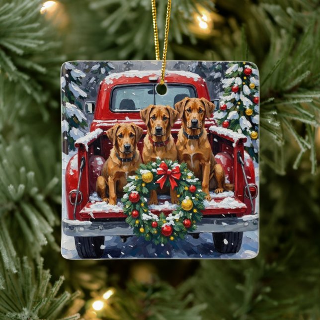 Bouvier des Flandres Christmas Red Truck Holiday Ceramic Ornament (Tree)