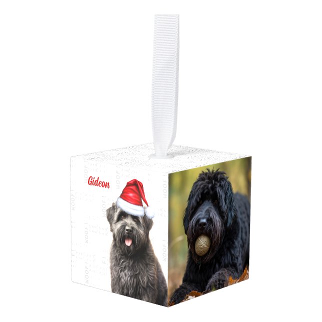 Bouvier des Flandres Dog Two Photo Holiday Cube Ornament (Front Angled)