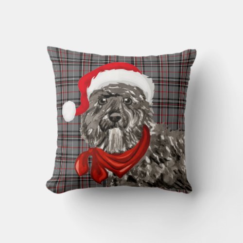 Bouvier Dog Red and Gray Plaid Christmas Holiday Throw Pillow