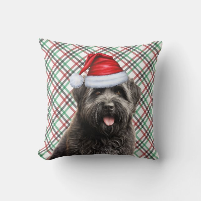 Bouvier Dog Red Green Plaid Christmas Holiday Throw Pillow (Front)