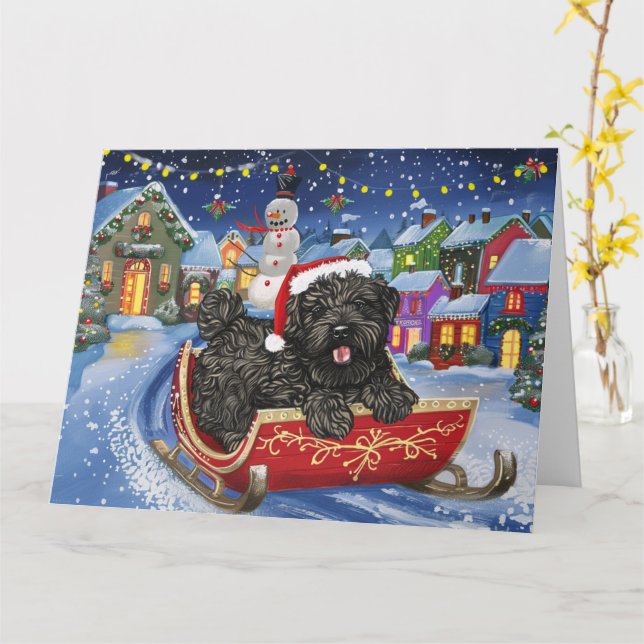 Bouviers Des Flandres Dog in Sleigh Snow Christmas Card (Yellow Flower)