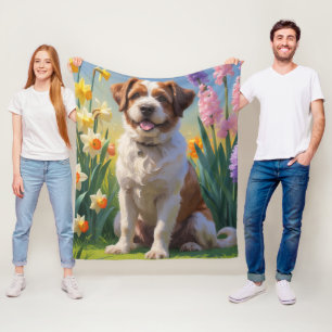 Bouviers Des Flandres Dog Spring Flowers Painting  Fleece Blanket
