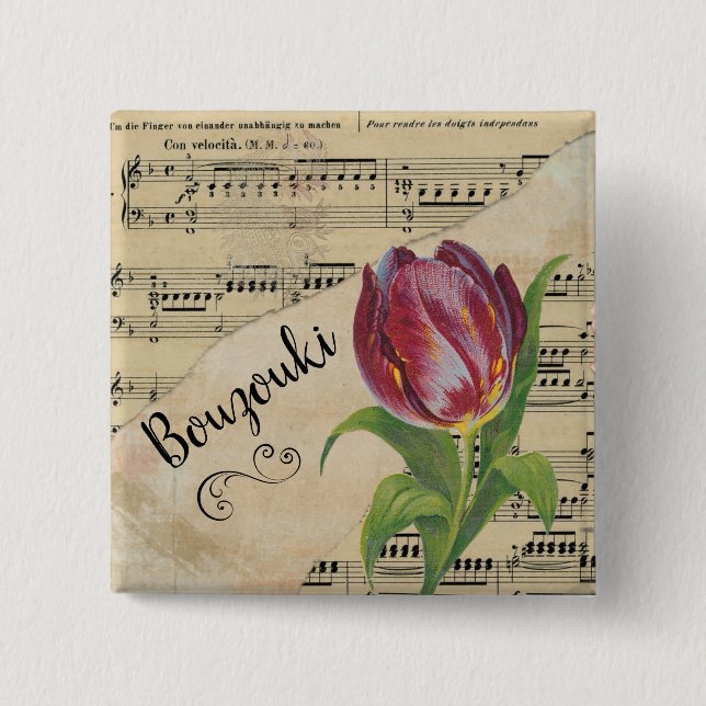 Bouzouki Elegant Tulip Vintage Sheet Music Button (Front)