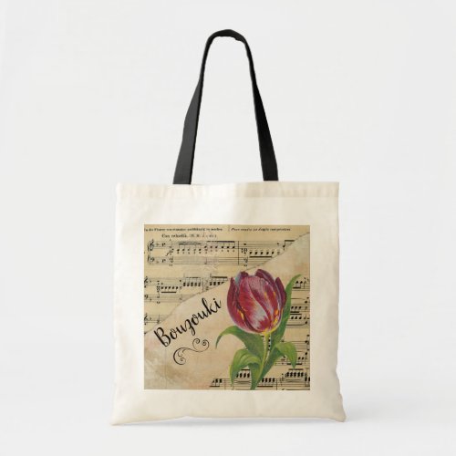 Bouzouki Elegant Tulip Vintage Sheet Music Tote Bag