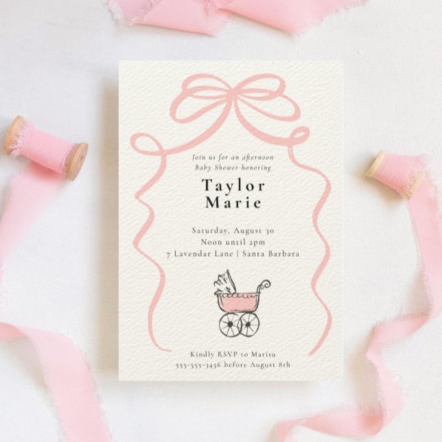 Bow and Baby Carriage | Girl Baby Shower Invitation (Creator Uploaded)