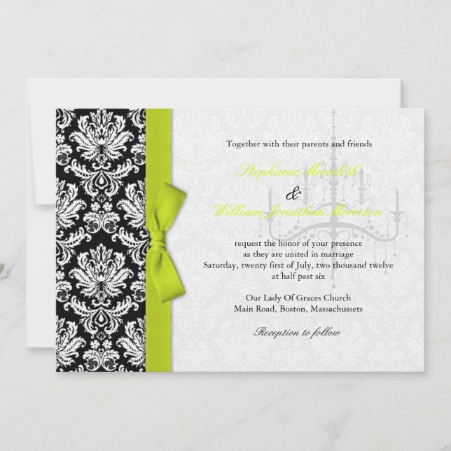 Bow and Chandelier Damask Wedding Invitation (Front)
