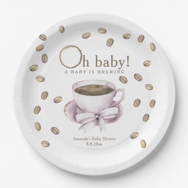 Bow and Coffee brewing Baby shower Paper Plates (Front)