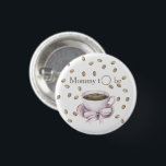Bow and Coffee brewing - mommy to be Button<br><div class="desc">Watercolor coffee beans and cup of coffee and beans pattern. Coffee brewing baby shower. Text with coffee ring and with coffee beans and cup of coffee with a bow.</div>