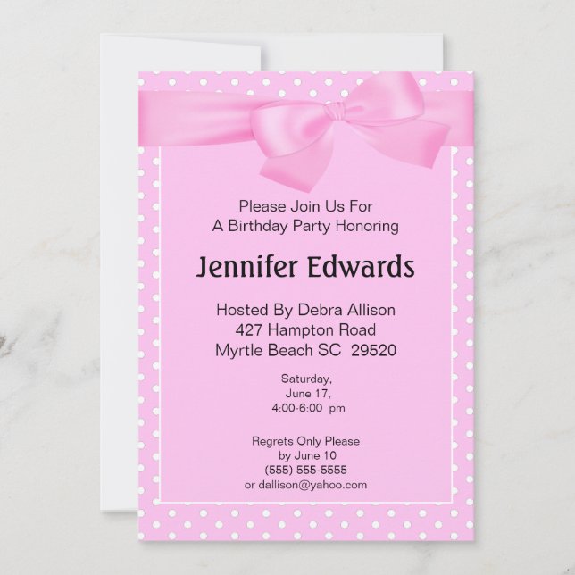 Bow and Dots Birthday Invitation (Front)