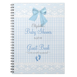 Bow and Lace Image Blue Baby Shower Guest Book- Notebook