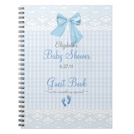 Bow And Lace Image Blue Baby Shower Guest Book- Notebook