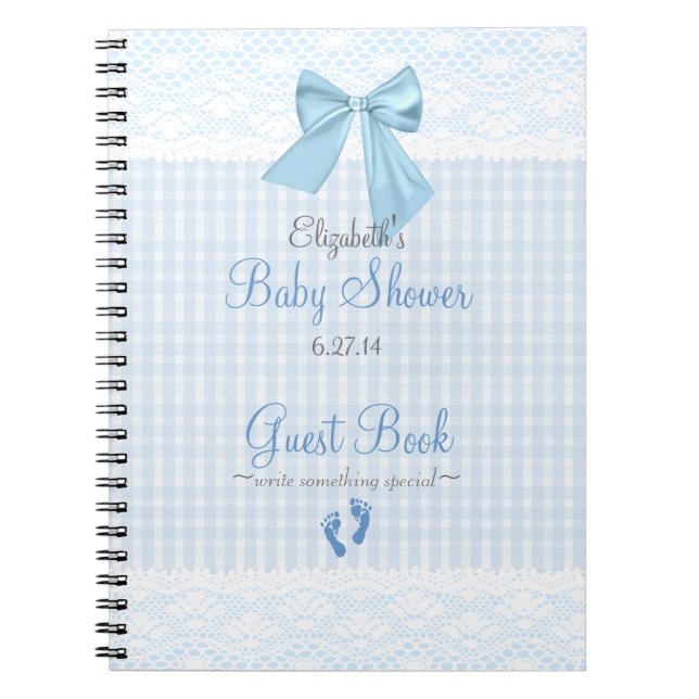 Bow and Lace Image Blue Baby Shower Guest Book- Notebook (Front)