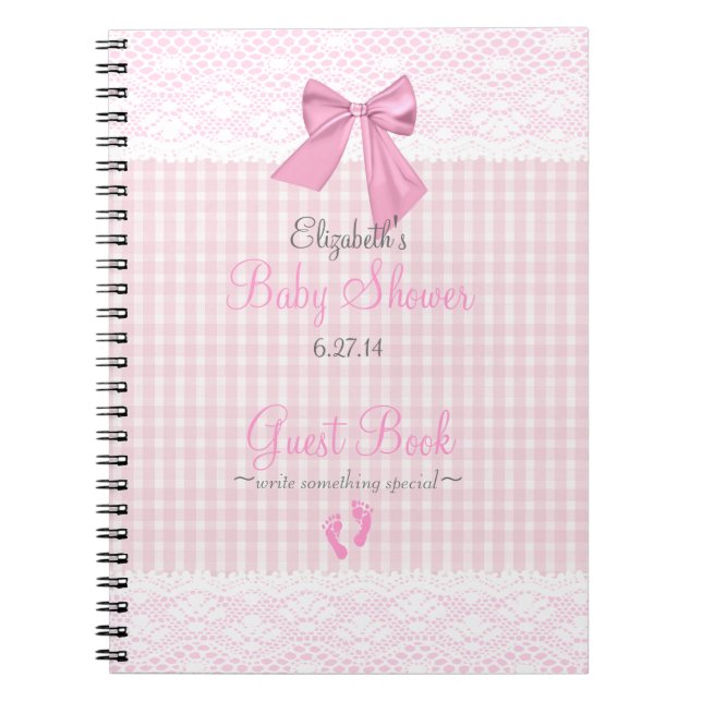 Bow and Lace Image Pink Baby Shower Guest Book- Notebook (Front)