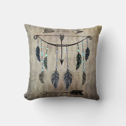 Bow Arrow and Feathers Throw Pillow