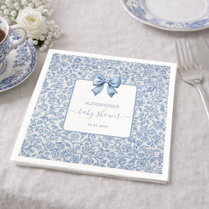 Bow Baby Boy Shower Blue and White Floral Pattern Napkins