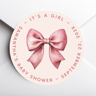 Bow Baby Shower Blush Pink & Red It's a Girl Classic Round Sticker