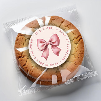 Bow Baby Shower Blush Pink & Red It's a Girl Classic Round Sticker