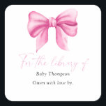 Bow - Baby Shower bookplate, books for baby Square Sticker<br><div class="desc">Pink Watercolor Bow Girl Baby Shower. Simple and elegant bow theme baby shower.</div>