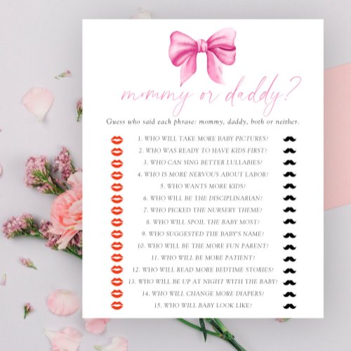 Bow baby shower Mommy or daddy baby shower game