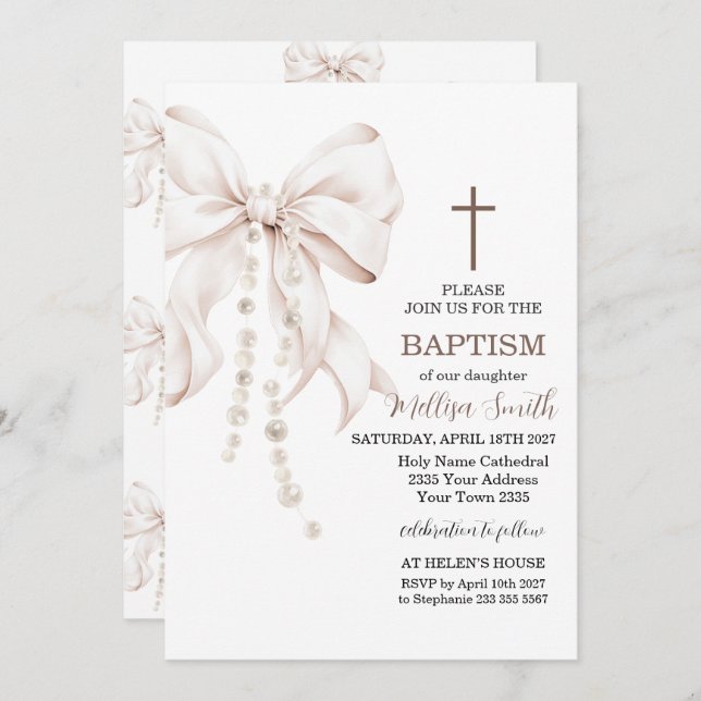 Bow Baptism Girl Invitation (Front/Back)