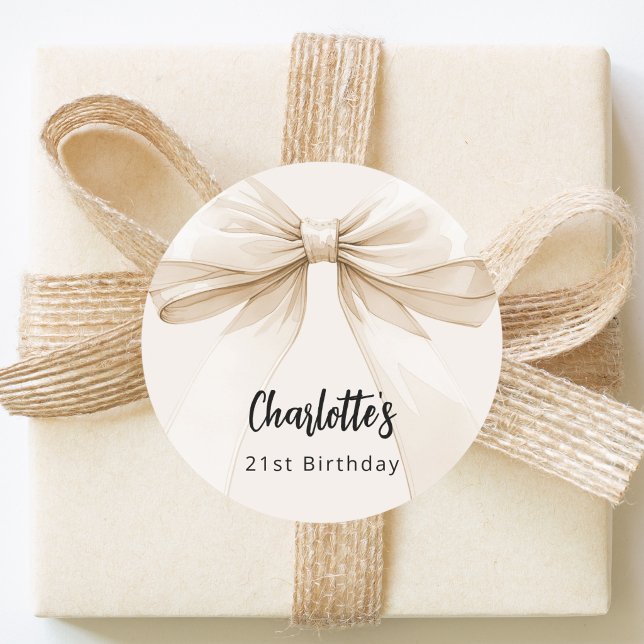 Bow beige cream birthday classic round sticker (Creator Uploaded)
