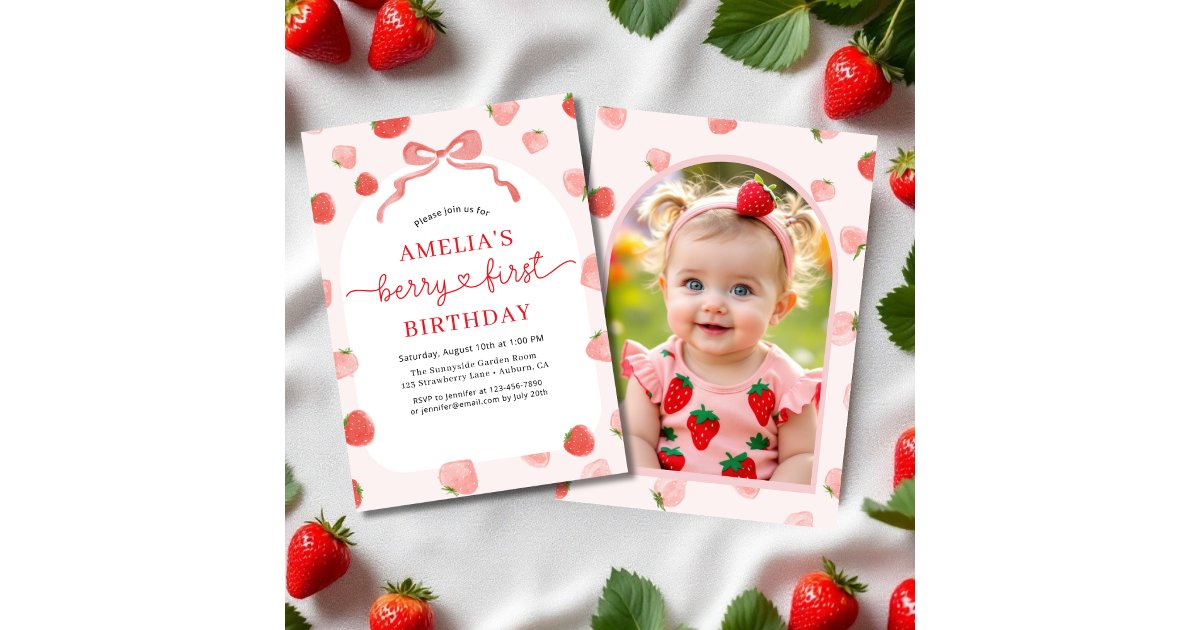 Bow Berry 1st First Birthday Photo Red Girl's Invitation | Zazzle