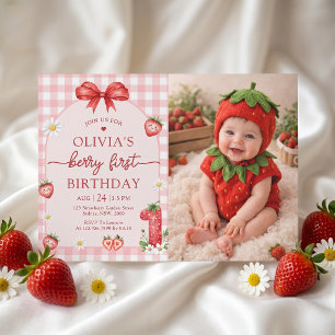 Bow Berry First Girl 1st Birthday Invitation Photo