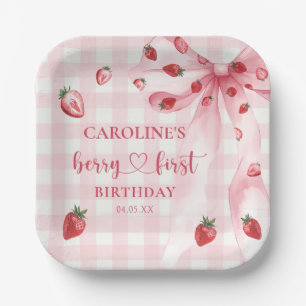 Bow Berry First Strawberry Birthday Paper Plates
