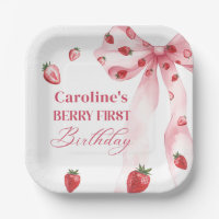 Bow Berry First Strawberry Birthday Paper Plates