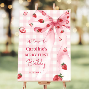 Bow Berry First Strawberry Birthday Welcome Sign