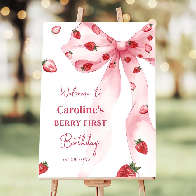 Bow Berry First Strawberry Birthday Welcome Sign (Creator Uploaded)