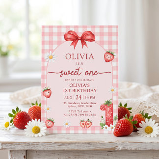 Bow Berry Sweet One Girl 1st Birthday Invitation