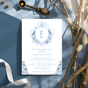 Bow Blue Floral Crest Baby Shower Invitation