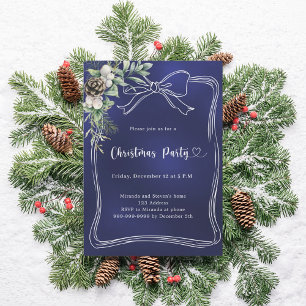 Bow blue pine greenery Christmas Party Invitation