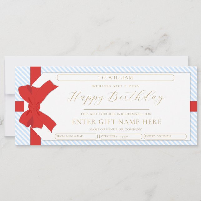 Bow Blue Stripe Happy Birthday Gift Voucher Card (Front)